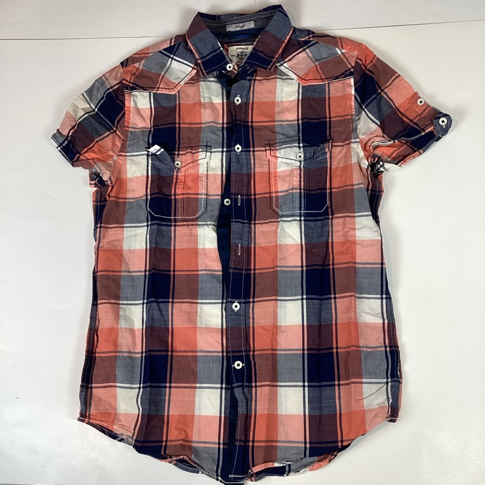 Express Mens Button Down Shirt Size S Small Short Sleeve Top Plaid Comfort